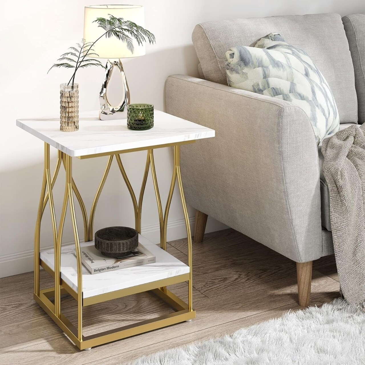 Tribesigns Faux Marble Side Table Gold Modern 2-Tier Accent Table For Living Room